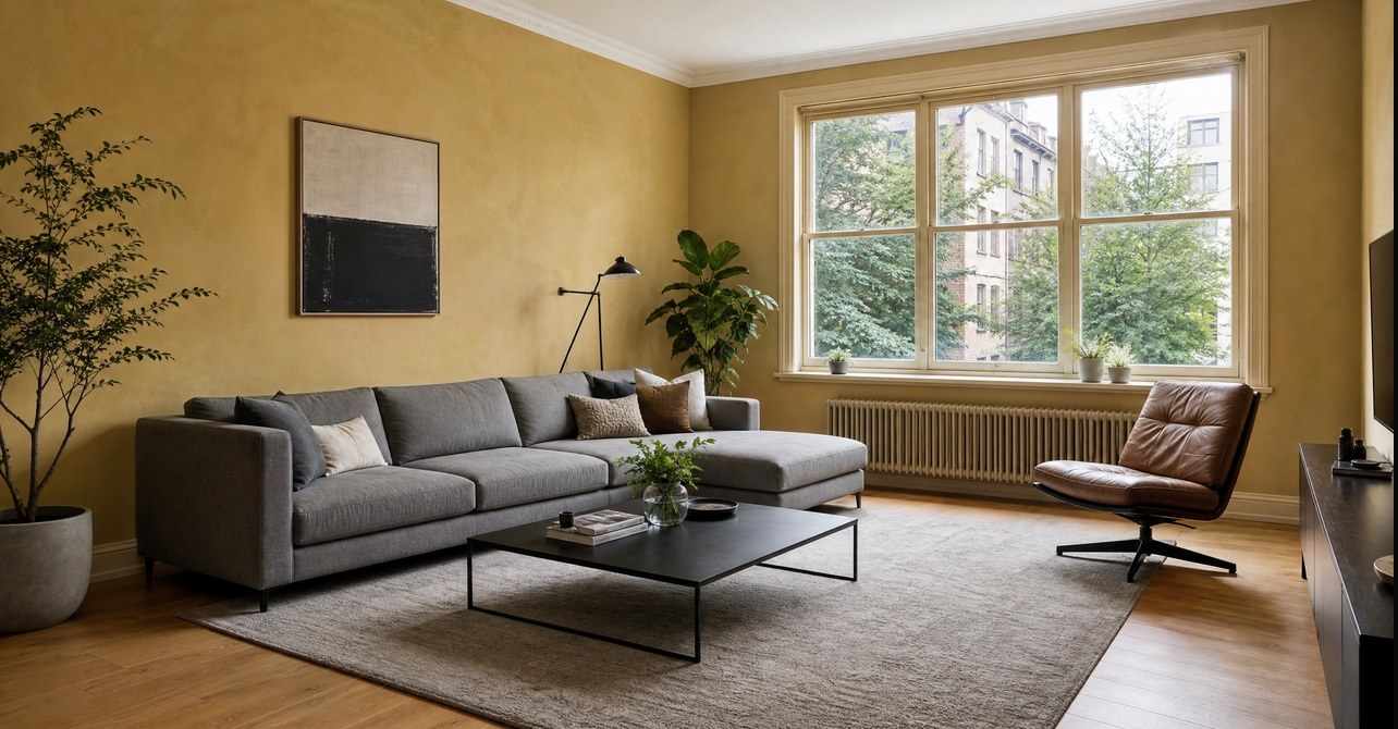 Before painting a living room with faded mustard walls