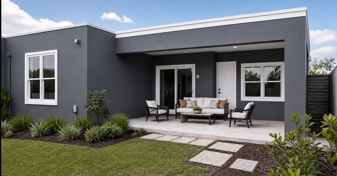 After painting a unit exterior in modern charcoal and white